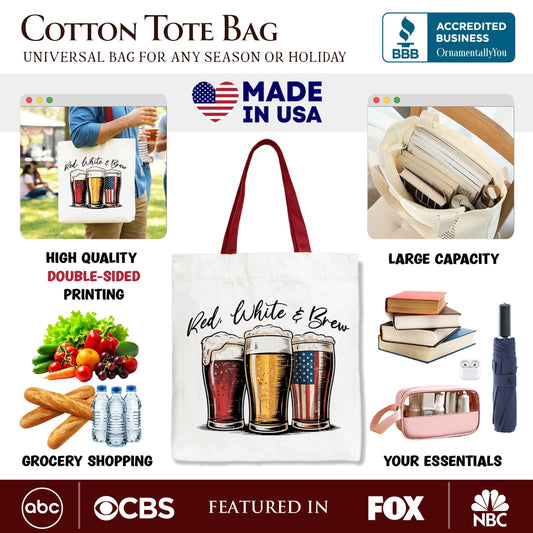 Red White and Brew Beer American Tote Bag, Patriotic USA 4th of July Gift Shopper