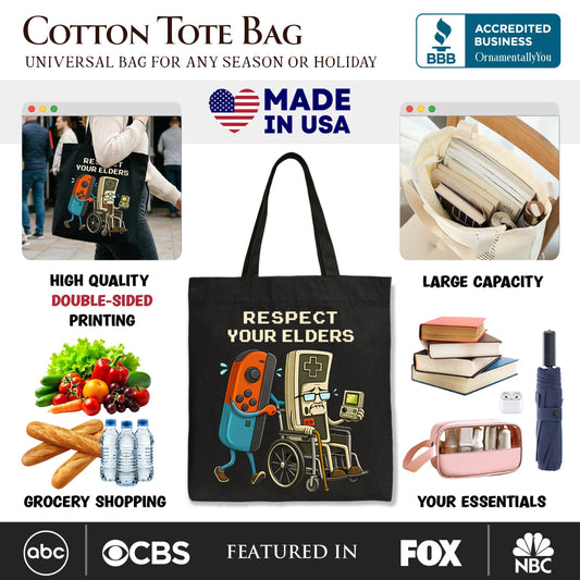 Respect Your Elders Gaming Controller Tote Bag, Old School Gamer Humor Gift Shopper