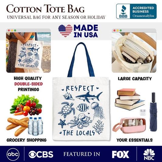 Respect the Locals Ocean Animals Canvas Tote Bag, Cute Vacation Gift Shopper