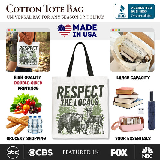 Respect the Locals Wild Animal Canvas Tote Bag, Vintage Camping Nature Gift Shopper
