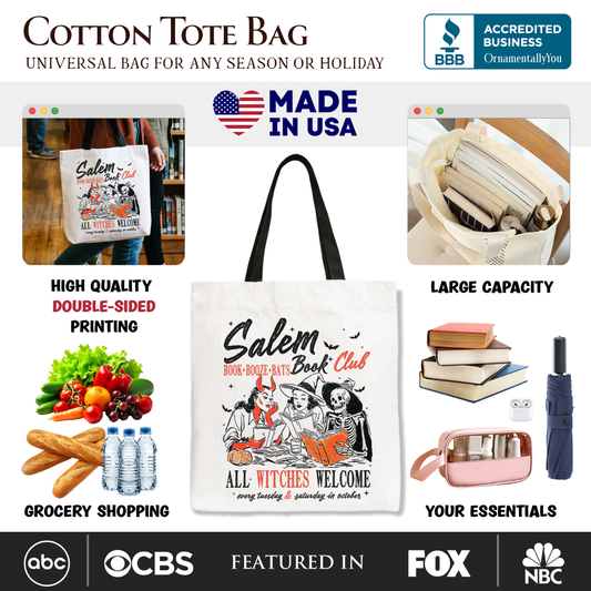 Salem Book Club Witches Tote Bag, Spooky Halloween Reading Girl Gift Shopper