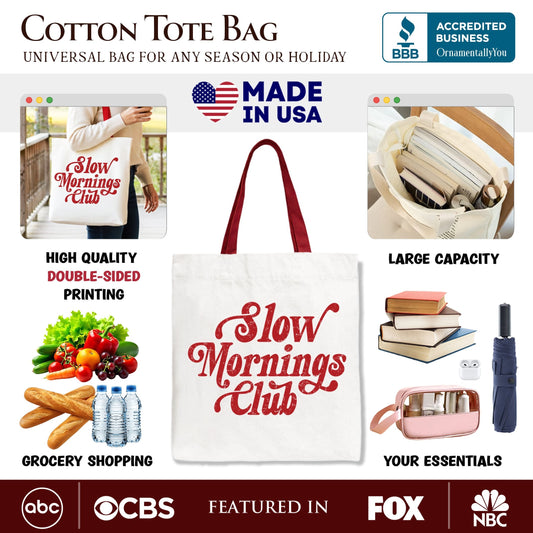 Slow Mornings Club Canvas Tote Bag, Cozy Vintage Aesthetic Gift Shopper