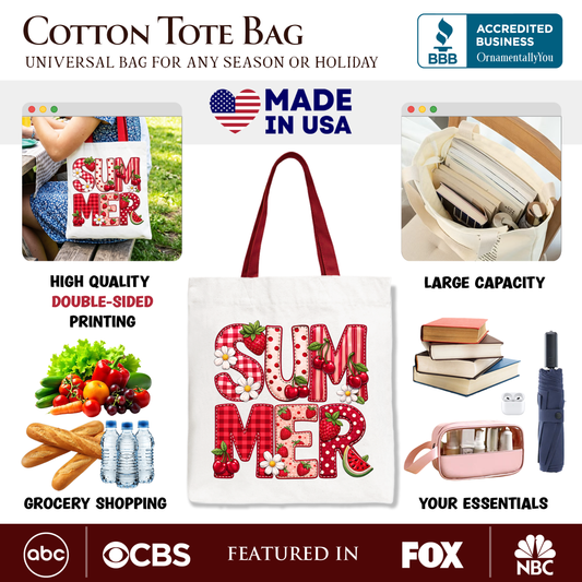 Strawberry Cherry Printed Faux Patchwork Tote Bag, Summer Fruit Picnic Gift Shopper