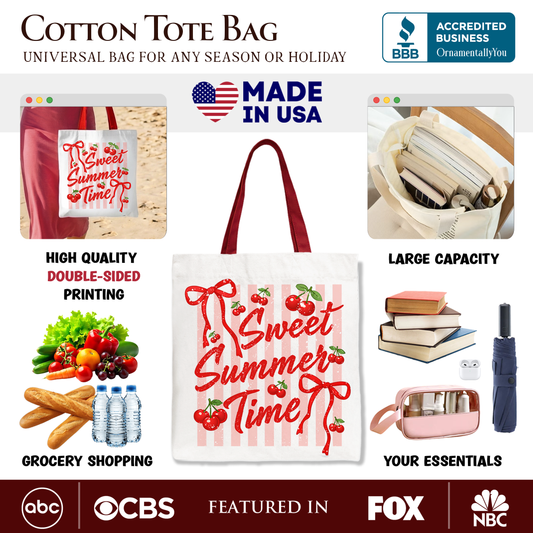 Striped Cherry Sweet Summer Time Tote Bag, Coquette Vacation Gift Shopper