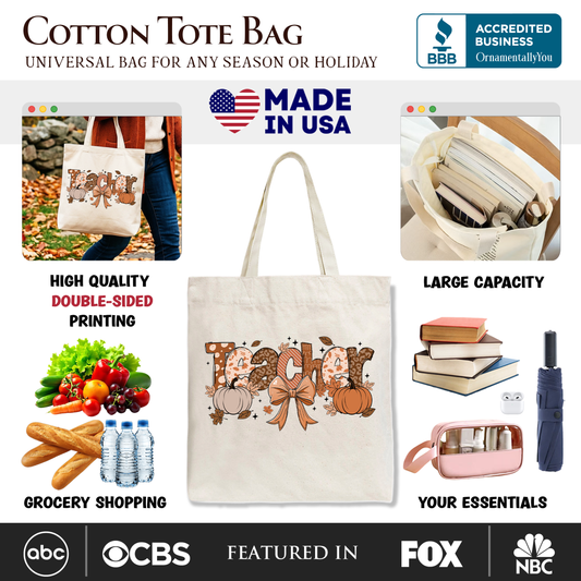 Teacher Coquette Autumn Tote Bag, Cozy Fall Pumpkin Gift Shopper for Educators