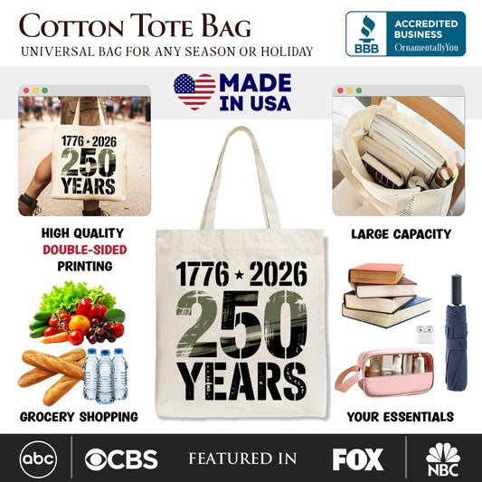 USA 250 Years Anniversary Tote Bag, 4th of July Patriotic 1776–2026 Gift Shopper