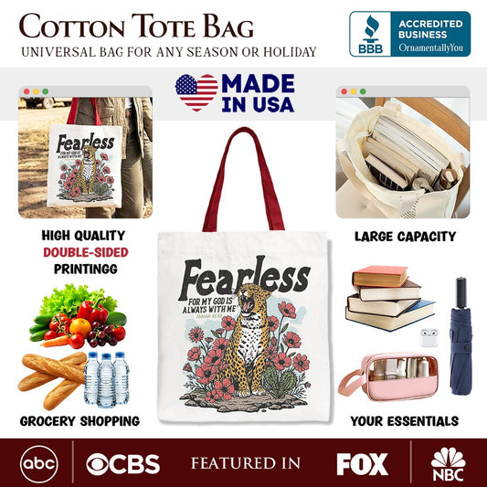 Vintage Floral Leopard Christian Canvas Tote Bag, Fearless For My God Is Always With Me Isaiah 41:10 Gift Shopper