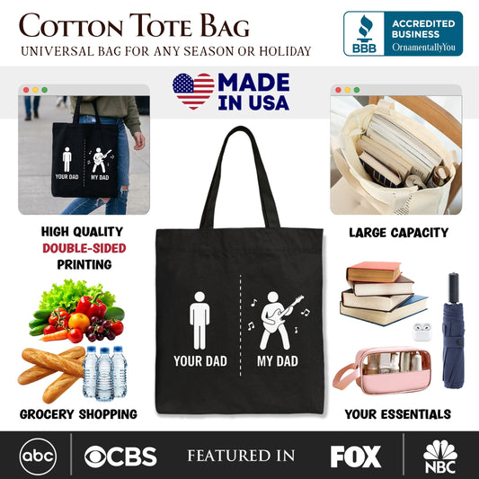 Your Dad Vs My Cool Dad Tote Bag, Funny Bass Guitar Rock Father's Day Gift Shopper