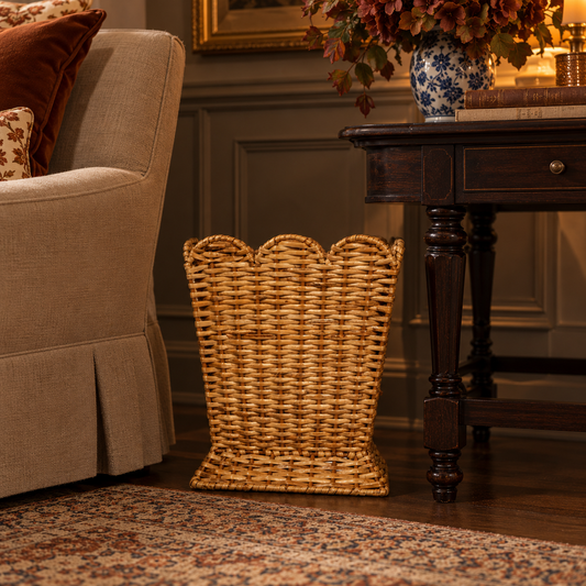 Square Scalloped Wicker Wastepaper Basket & Tissue Holder (2 Options)