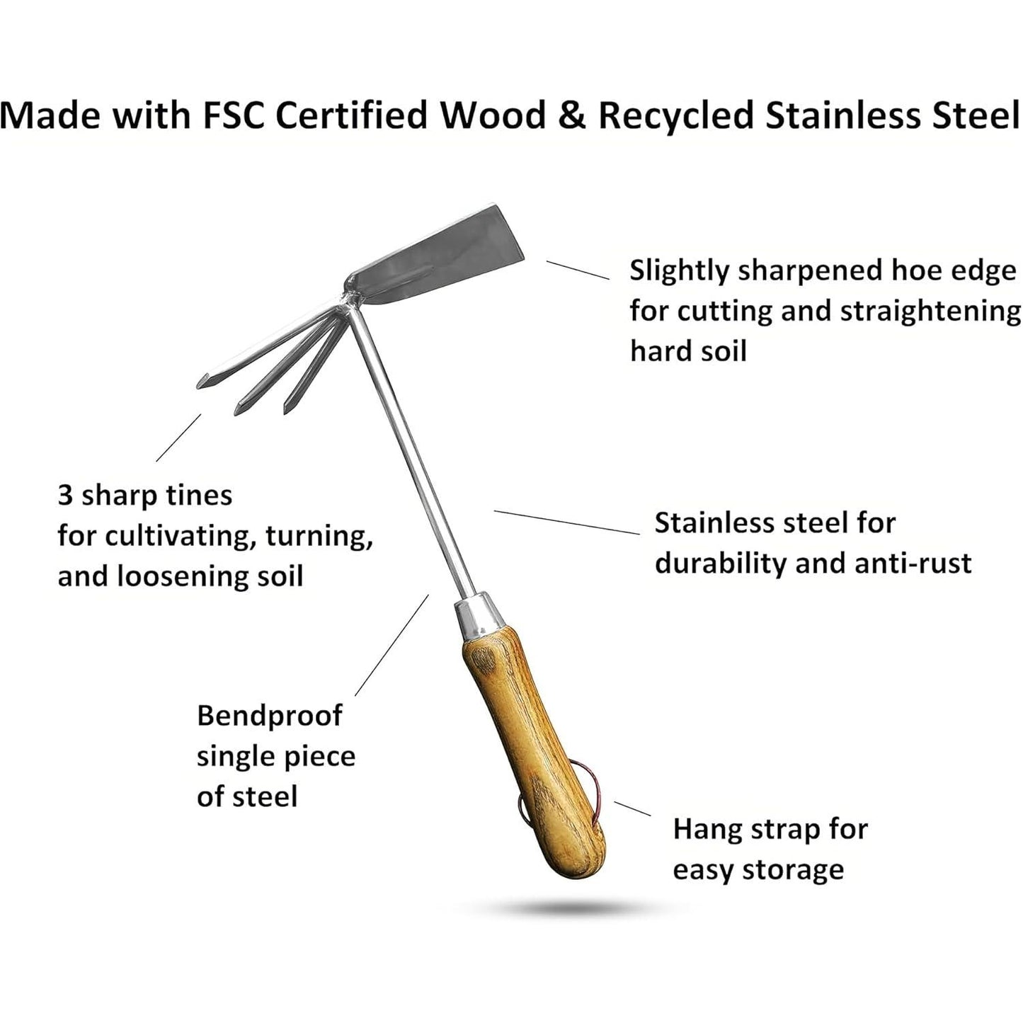Stainless Steel Garden Cultivator Hoe (classic wood handle)