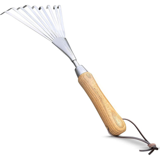 Stainless Steel Garden Hand Rake (classic wood handle)