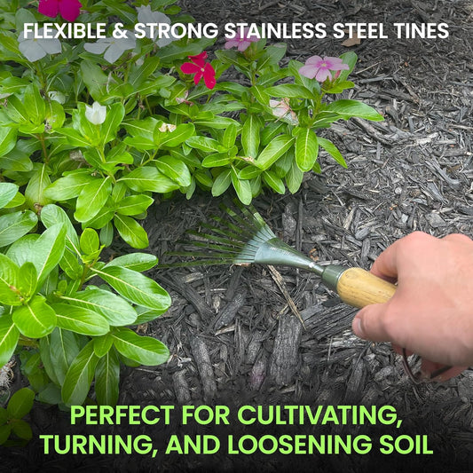 Stainless Steel Garden Hand Rake (classic wood handle)