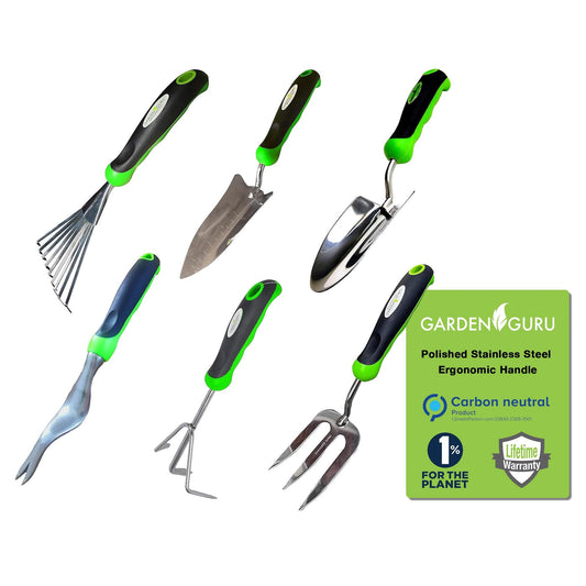 Stainless Steel 6pc Gardening Tool Set (Includes Trowel Transplanter Rake Weeder Cultivator Fork)
