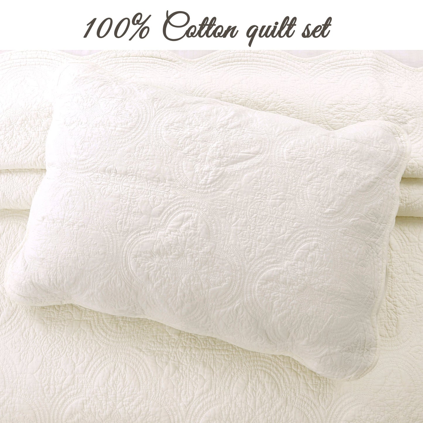 Serenity Ivory Victorian Scalloped Medallion Floral Pure Solid Cotton Reversible Quilt  Bedding Set