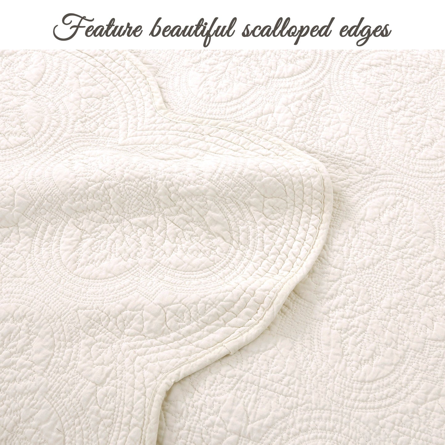 Serenity Ivory Victorian Scalloped Medallion Floral Pure Solid Cotton Reversible Quilt  Bedding Set