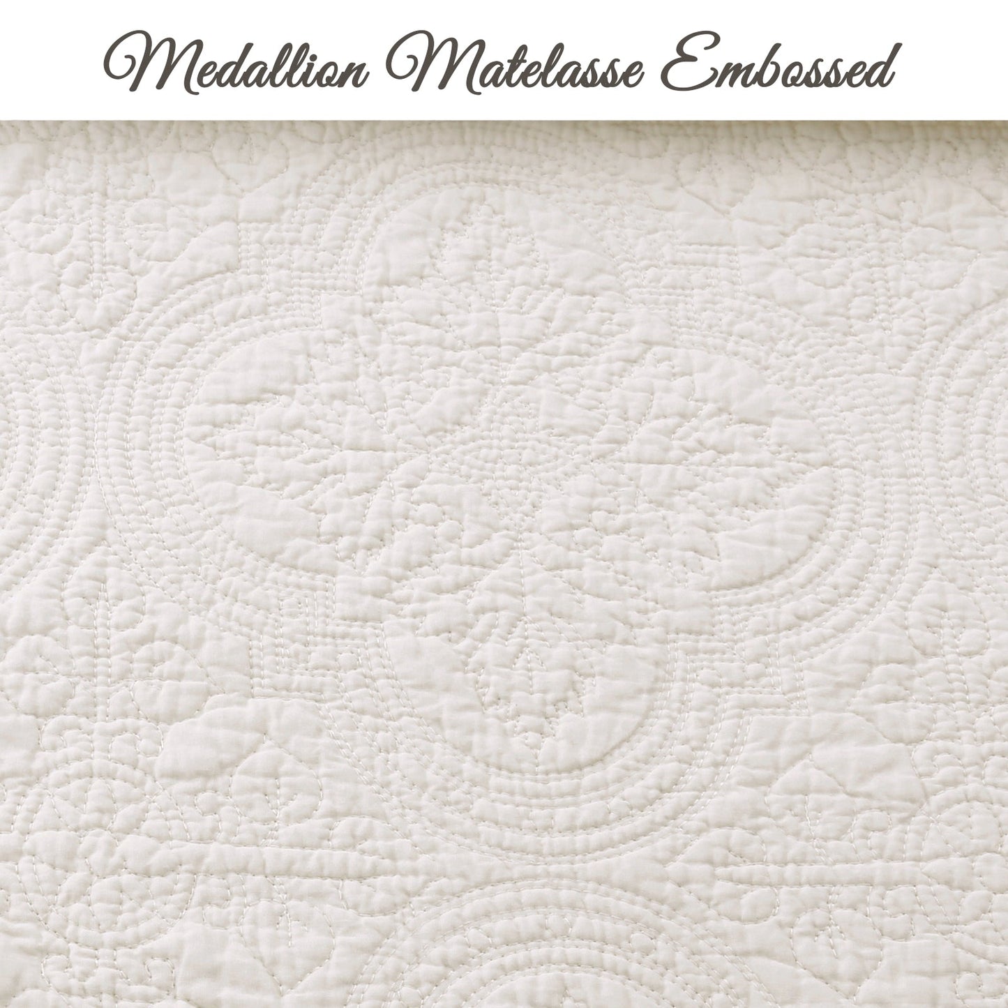 Serenity Ivory Victorian Scalloped Medallion Floral Pure Solid Cotton Reversible Quilt  Bedding Set