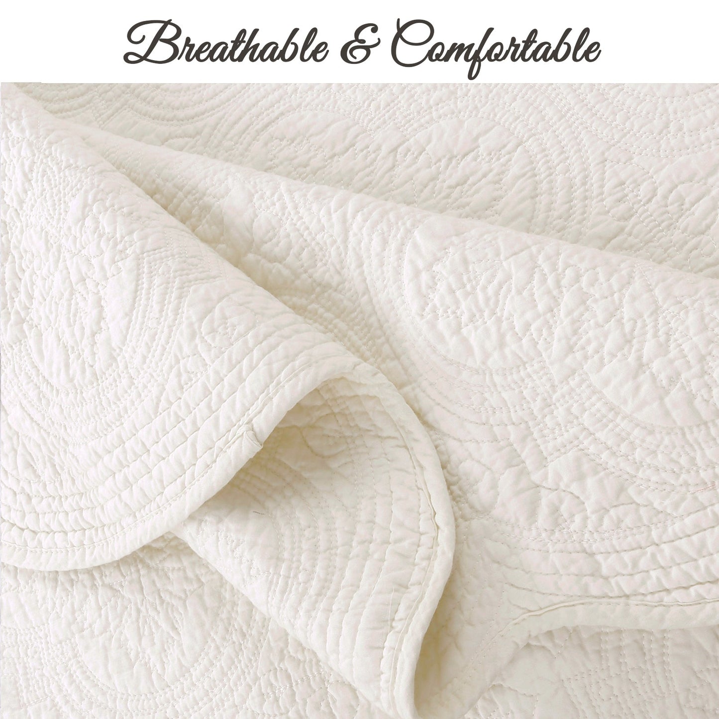 Serenity Ivory Victorian Scalloped Medallion Floral Pure Solid Cotton Reversible Quilt  Bedding Set
