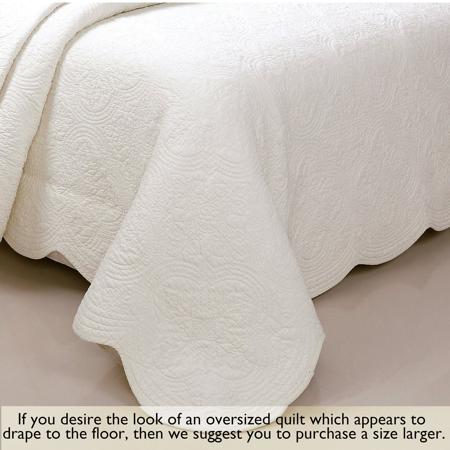 Serenity Ivory Victorian Scalloped Medallion Floral Pure Solid Cotton Reversible Quilt  Bedding Set