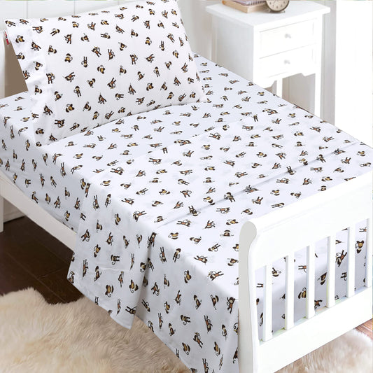 3-Piece Crib/Toddler Cotton Sheet Set White Brown Monkey Around Jungle Bananas
