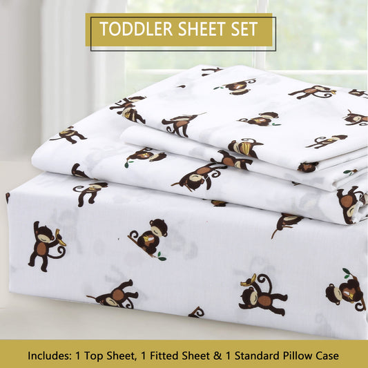 3-Piece Crib/Toddler Cotton Sheet Set White Brown Monkey Around Jungle Bananas