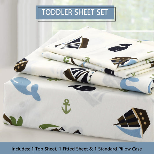 3-Piece Crib/Toddler Cotton Sheet Set White Blue Ocean  Whale Ships Sail Monkey Island