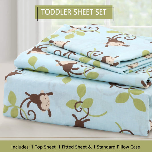 3-Piece Crib/Toddler Cotton Sheet Set Blue Jungle Monkey Tails Swing