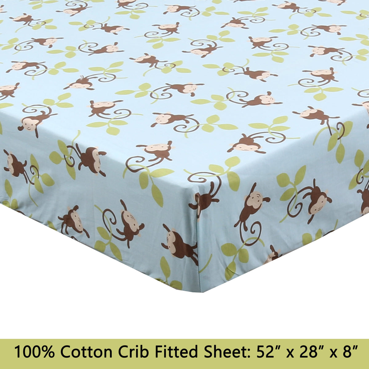 a blue and brown crib sheet with monkeys on it
