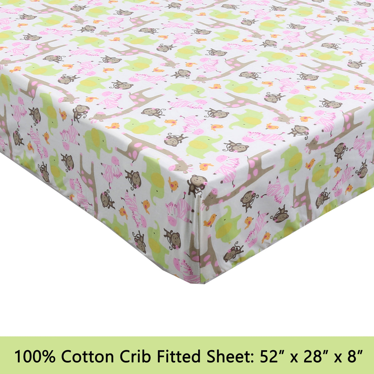 3-Piece Crib/Toddler Cotton Sheet Set Pink Jungle Zoo Animal Friends Giraffe Monkey Elephant Zebra Bird
