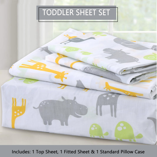 3-Piece Crib/Toddler Cotton Sheet Set Grey Yellow Safari Fun Animals Elephant Giraffe Hippo