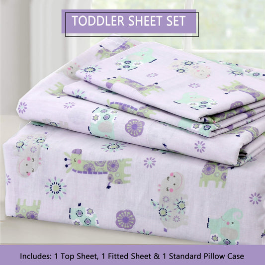 3-Piece Crib/Toddler Cotton Sheet Set Pink Gypsy Floral Spirograph Animals Giraffe Hippo Elephant