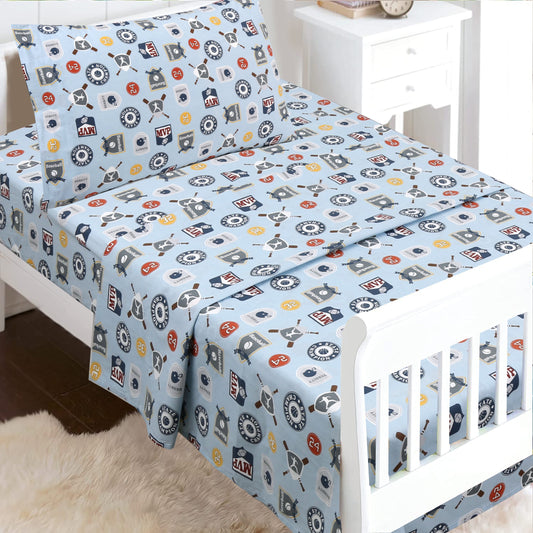 3-Piece Crib/Toddler Cotton Sheet Set Blue MVP Sports #32 #24 Basketball Baseball Football
