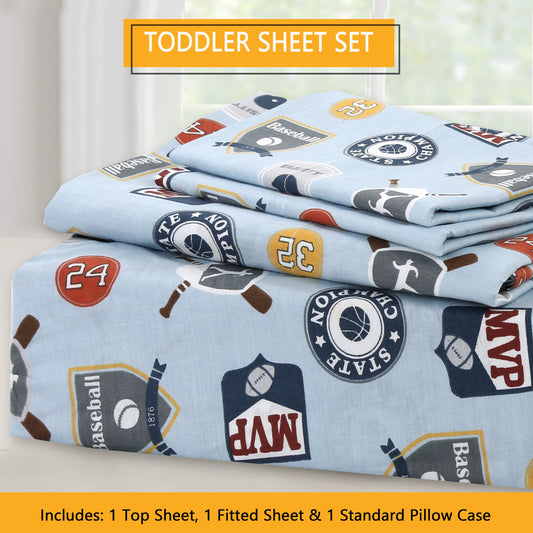 3-Piece Crib/Toddler Cotton Sheet Set Blue MVP Sports #32 #24 Basketball Baseball Football
