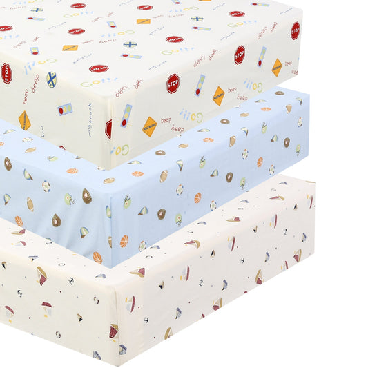 3 Piece Crib/Toddler Cotton Fitted Sheets Colorful Blue Red Sports Boats Transportation Car Signs