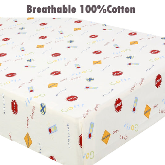 3 Piece Crib/Toddler Cotton Fitted Sheets Colorful Blue Red Sports Boats Transportation Car Signs