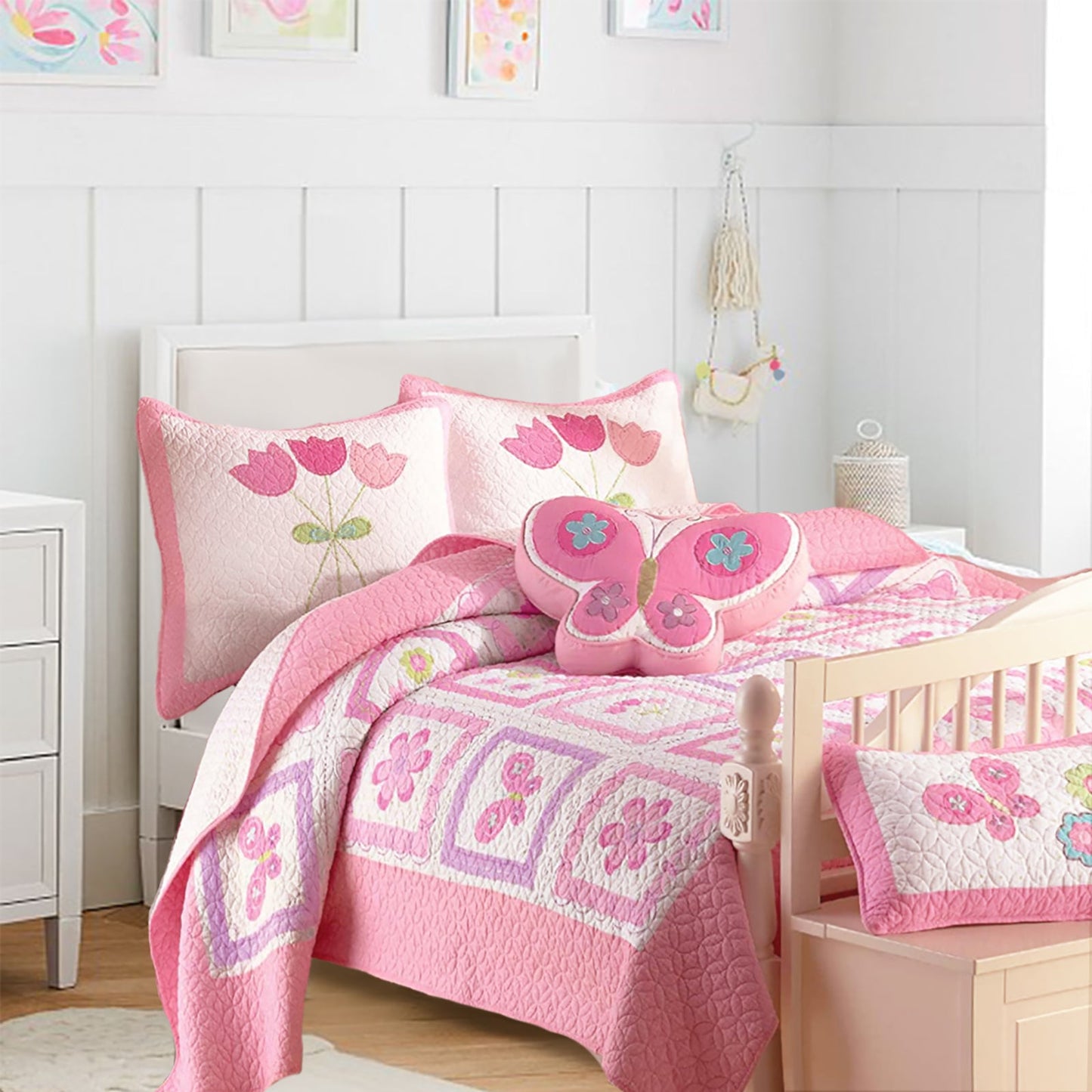 Butterfly Flower Pink Novelty Embroidered Decor Throw PIllow