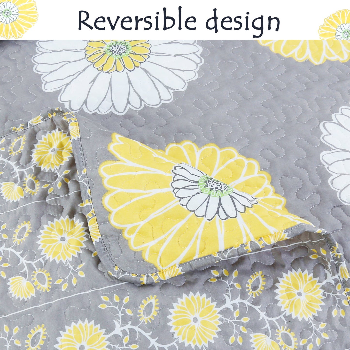 Anya Floral Print Yellow Grey Reversible Quilt Bedding Set