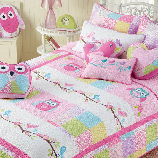 Pink Owl Patchwork Embroidered Novelty Decor Throw Pillow