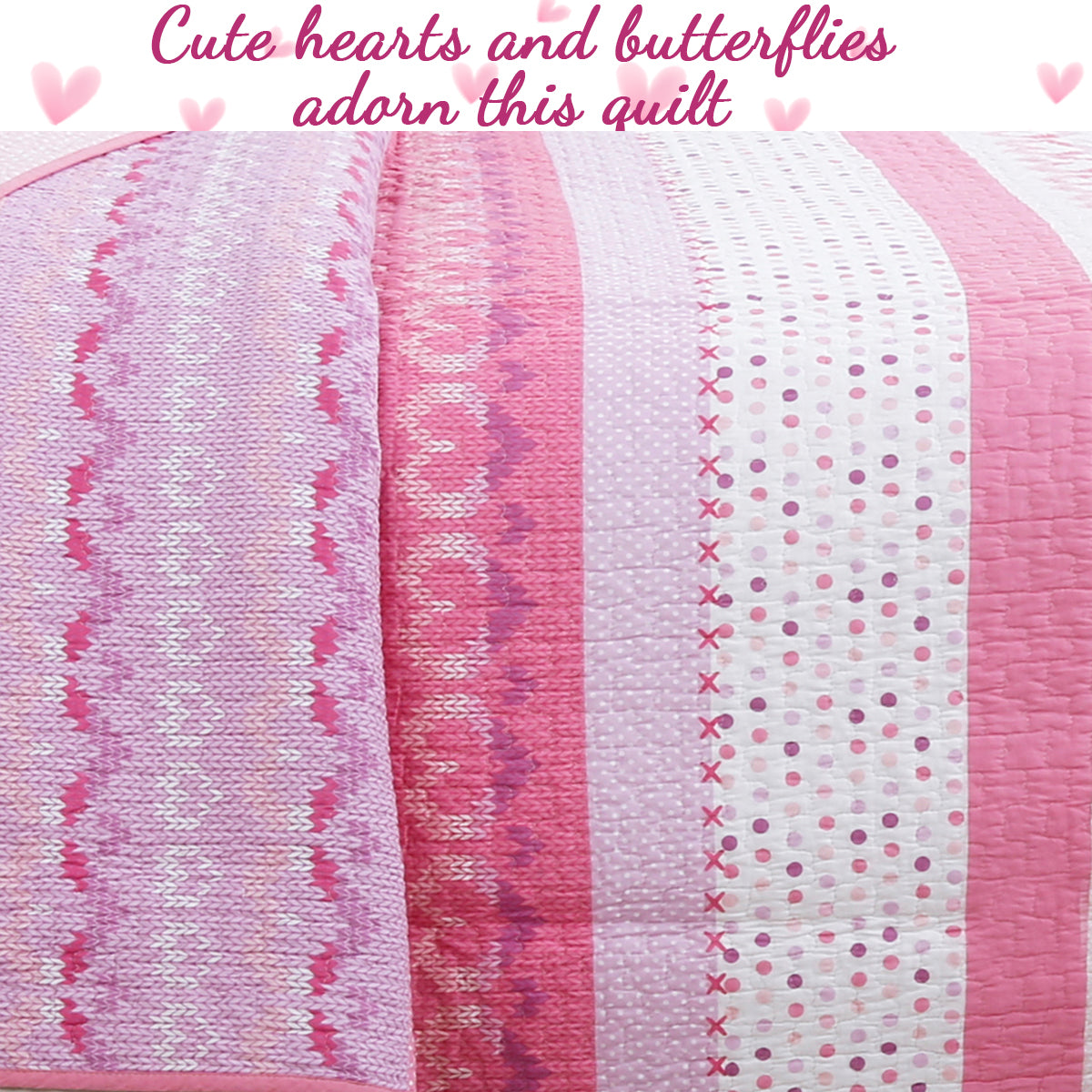 Butterfly Fairisle Pink Purple Striped Sweater Print Cotton Reversible Quilt Bedding Set