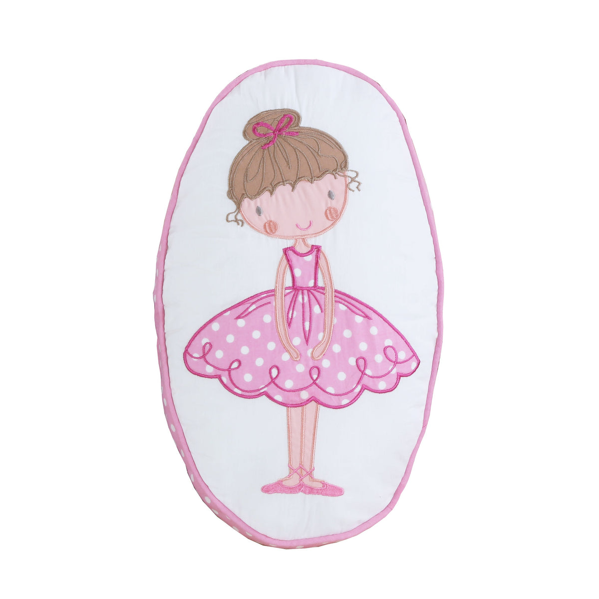 a white and pink baby bib with a cartoon girl in a pink dress
