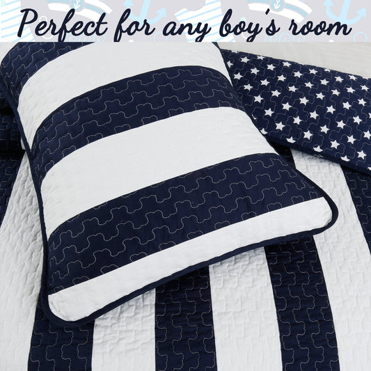 Ameristar Sailor Blue & White Striped Cotton Reversible Quilt Bedding Set