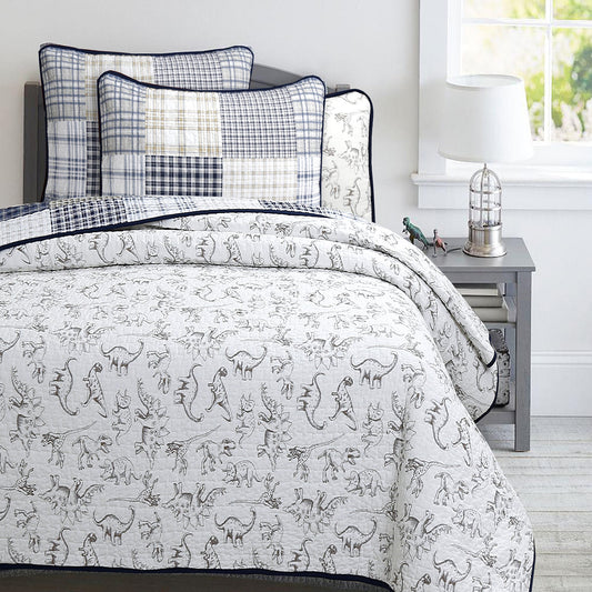 Benjamin Dinosaur Blue Brown Plaid Print Patchwork Cotton Reversible Quilt Bedding Set