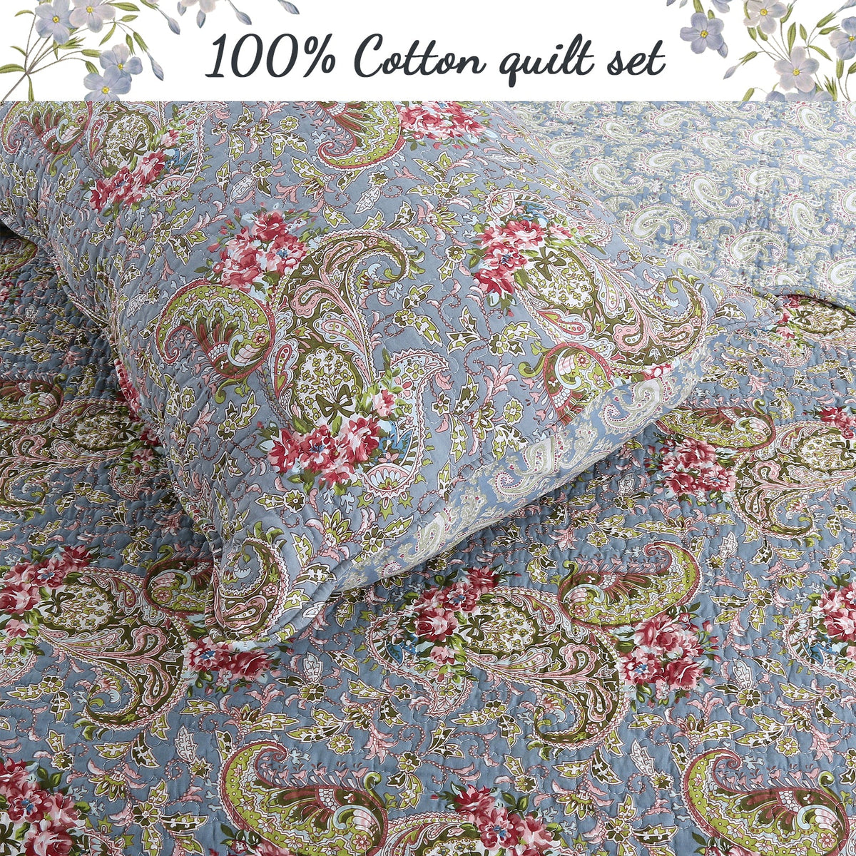 a blue and pink floral quilt