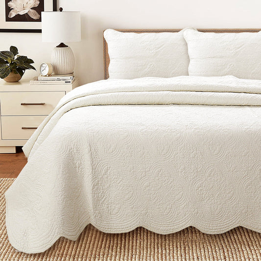 Serenity Ivory Victorian Scalloped Medallion Floral Pure Solid Cotton Reversible Quilt  Bedding Set