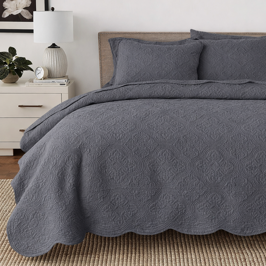 Serenity Gray Victorian Scalloped Medallion Pure Solid Cotton Reversible 3 Piece Quilt Bedding Set