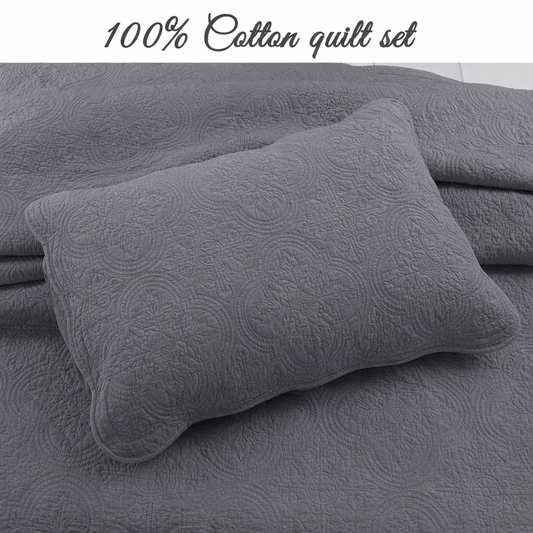 Serenity Gray Victorian Scalloped Medallion Pure Solid Cotton Reversible 3 Piece Quilt Bedding Set