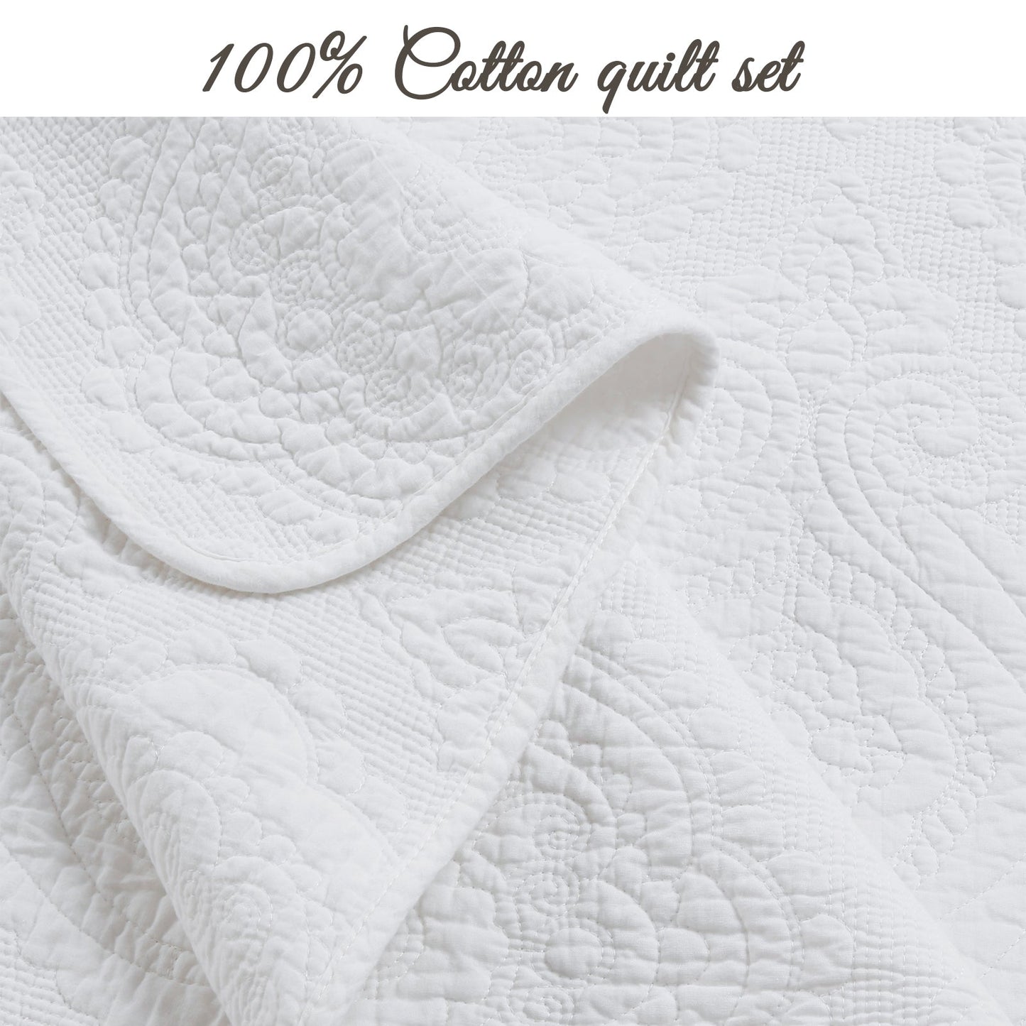 Solid White Chic Brocade Matelassé Medallion Floral Cotton Reversible Quilt Bedding Set