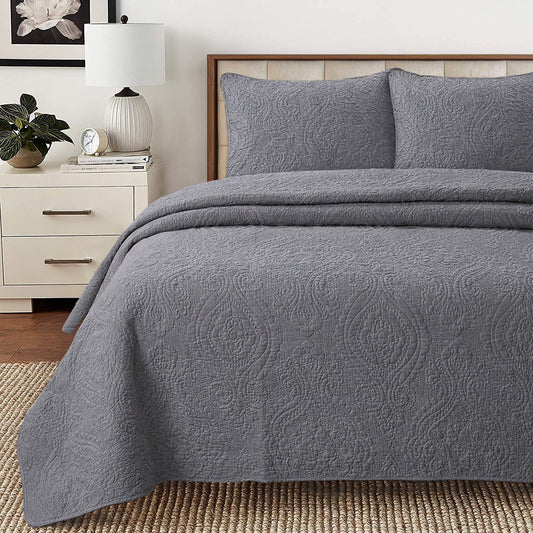 Solid Gray Chic Brocade Matelassé Medallion Floral 3 Piece Cotton Reversible Quilt Bedding Set