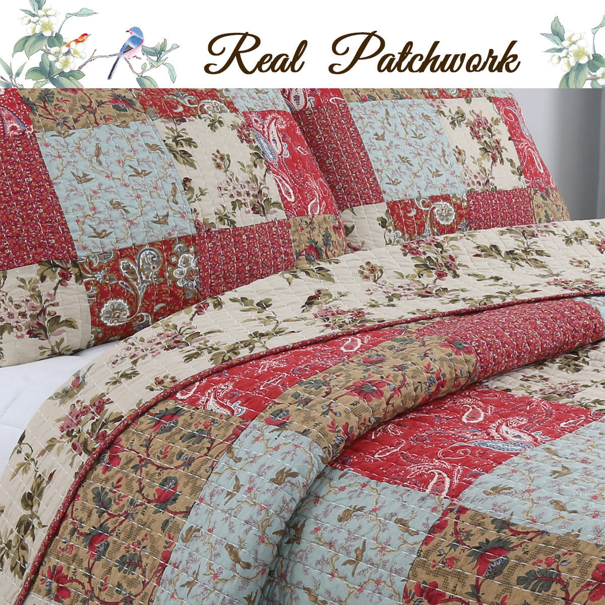a bed with a quilt