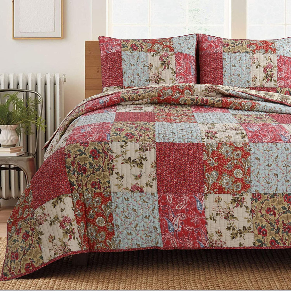 a bed with a quilt