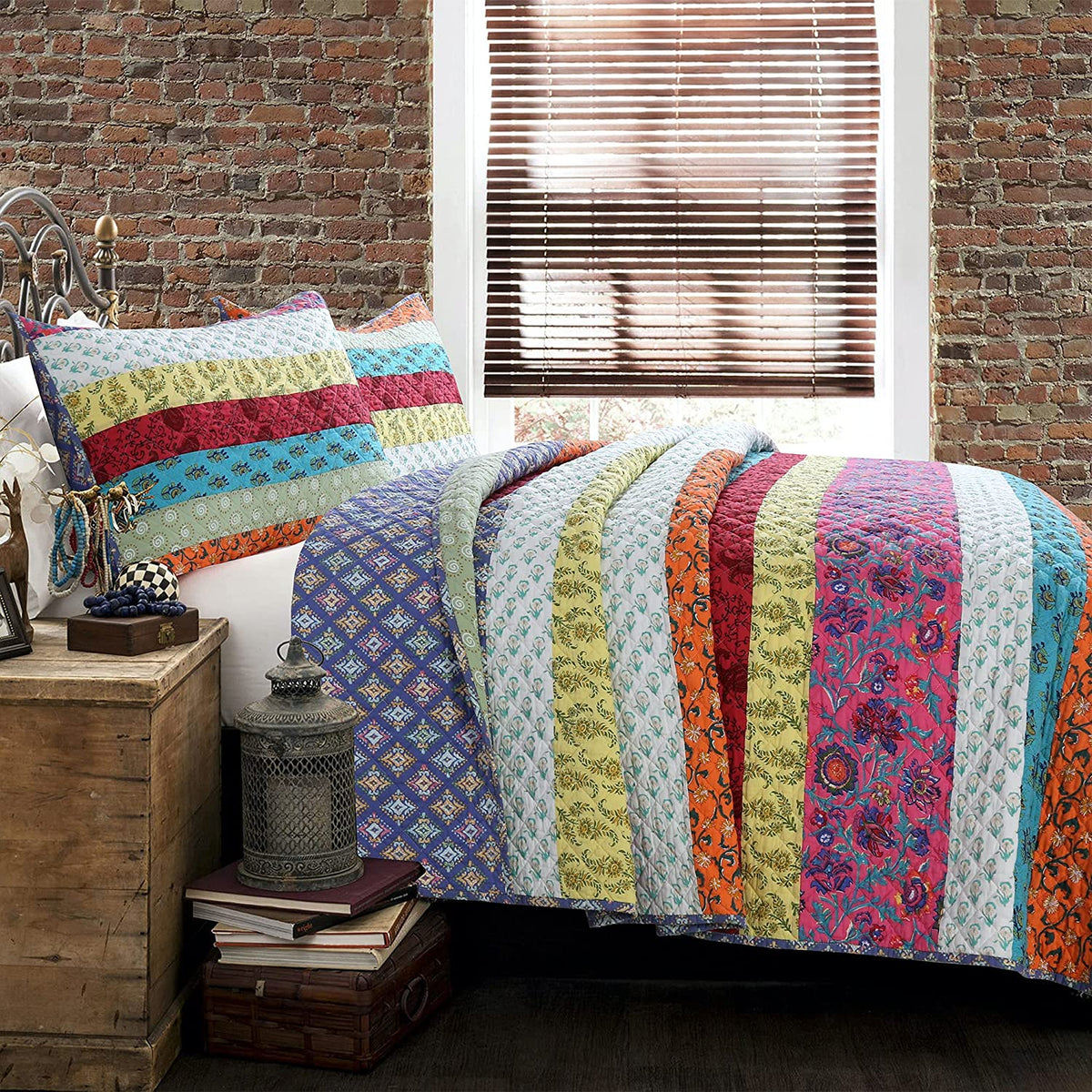 Vibrant Stripe Real Patchwork 3-Piece Cotton Reversible Quilt Bedding Set